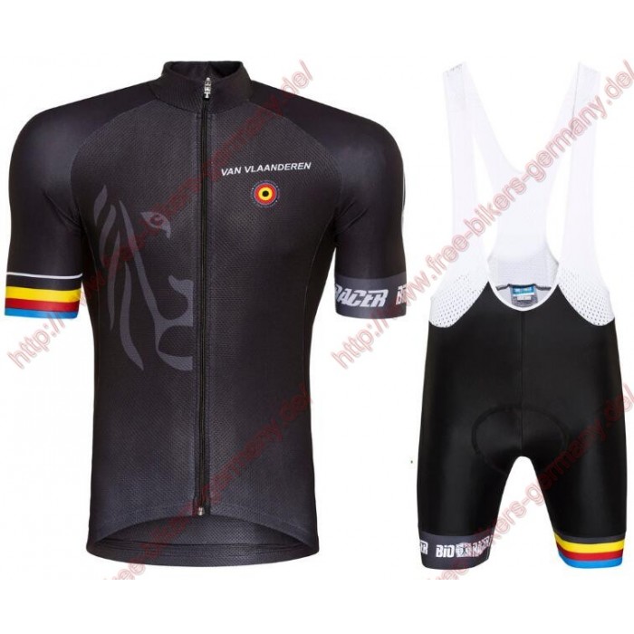 Radsport Bioracer Van Vlaanderen schwarz 2018 Radbekleidung Satz Trikot Kurzarm+Trägerhosen Set