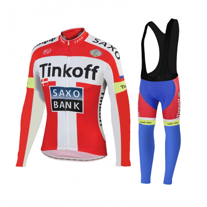 2015 Tinkoff Saxo Bank Rouge Fahrradbekleidung Radtrikot Satz Langarm und Lange Trägerhose PCNJ532