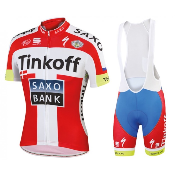 Tinkoff-Saxo Bank Champion danoise 2015 Fahrradbekleidung Satz Fahrradtrikot Kurzarm Trikot und Kurz Trägerhose KTKF733