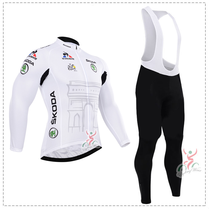 2015 Tour de France Blanc Fahrradbekleidung Radtrikot Satz Langarm und Lange Trägerhose ZFAI301