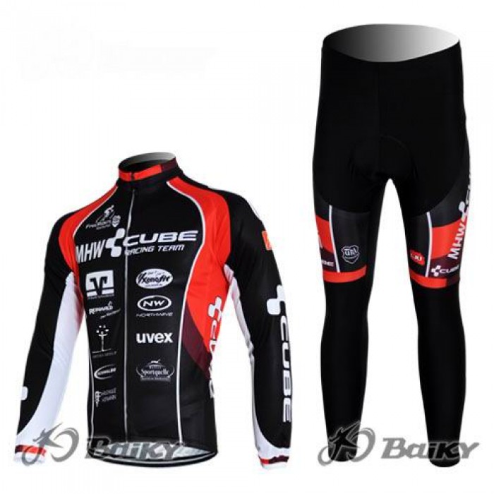 MHW Cube Racing Team Radbekleidung Satz Fahrradtrikot Langarm und Lang Radhose Rot Schwarz OHVQ477