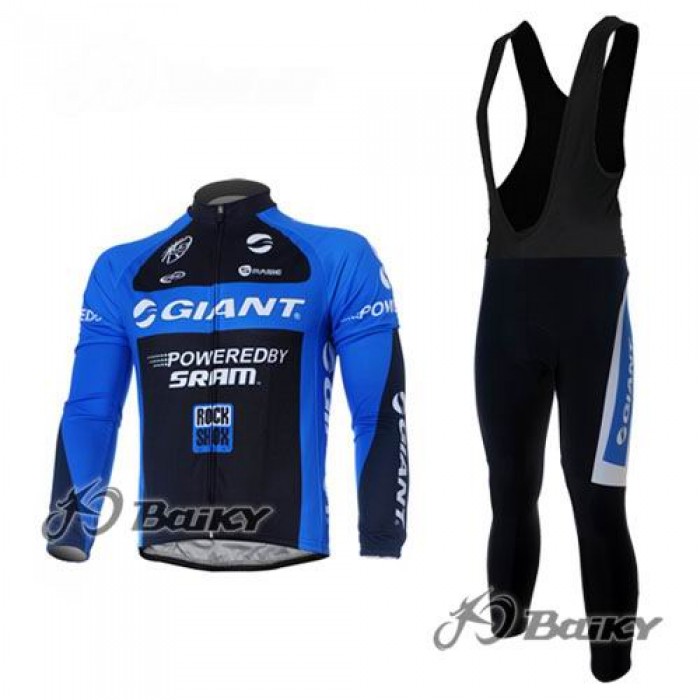 Giant Sram Pro Team Fahrradbekleidung Radtrikot Satz Langarm und Lange Trägerhose Schwarz Blau KNES248