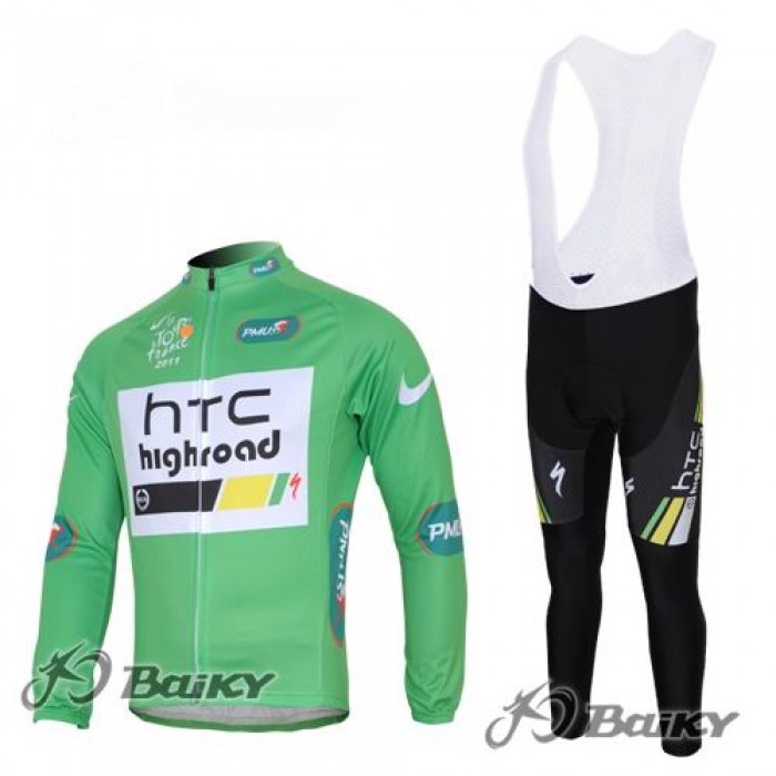 HTC-Highroad Pro Team Fahrradbekleidung Radtrikot Satz Langarm und Lange Trägerhose Grün Weiß UHXS987