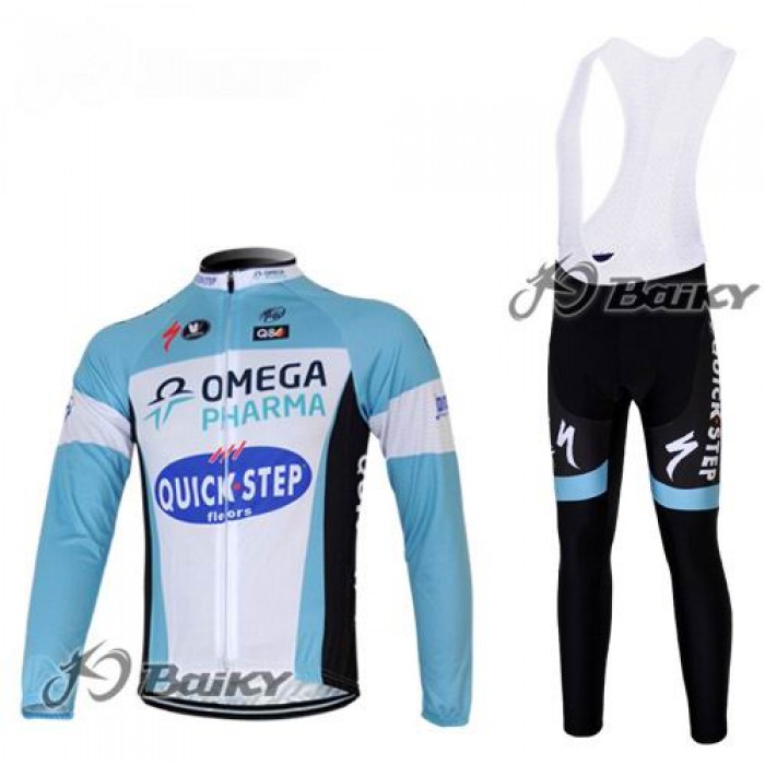 Omega Pharma Quick Step Pro Team Fahrradbekleidung Radtrikot Satz Langarm und Lange Trägerhose Blau Weiß YNLV653