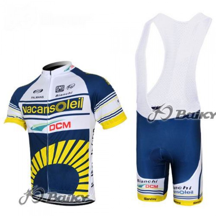 2012 Vacansoleil-DCM Fahrradbekleidung Satz Fahrradtrikot Kurzarm Trikot und Kurz Trägerhose Weiß Blau Gelb PFVS234