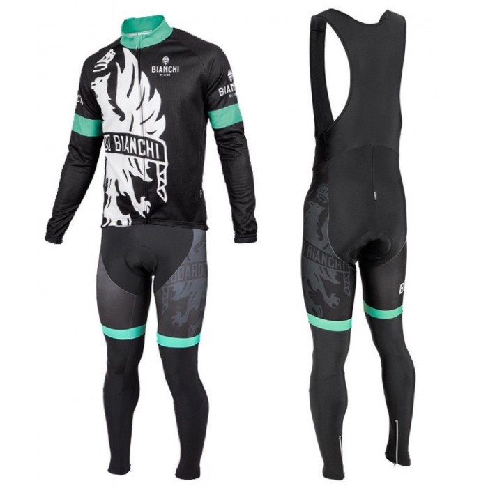 2016 Bianchi Milano Sorisole Schwarz-Grün Fahrradbekleidung Satz Radtrikot Langarm+Lang Trägerhose HGJA427