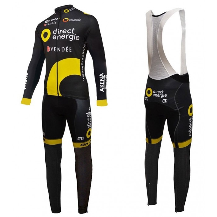 2016 Direct Energie Team Schwarz Fahrradbekleidung Satz Radtrikot Langarm+Lang Trägerhose HRTU235