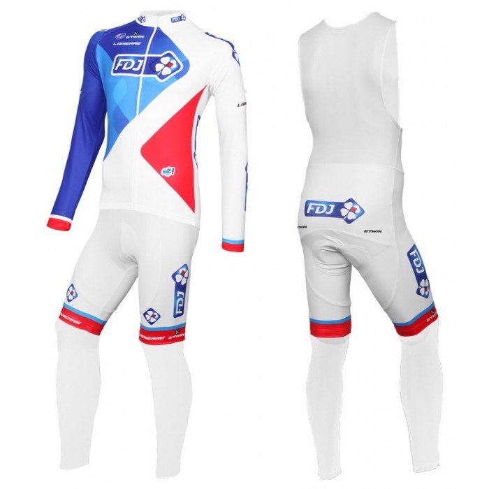 2016 Team FDJ Weiß Fahrradbekleidung Satz Radtrikot Langarm+Lang Trägerhose LZGJ350