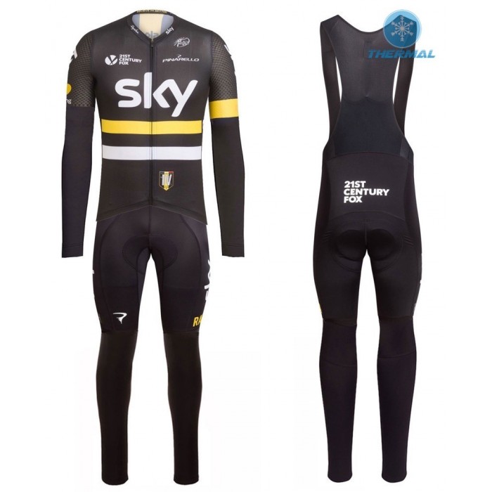 2016 Team Sky IV Schwarz-Gelb thermisch Fahrradbekleidung Satz Radtrikot Langarm+Lang Trägerhose OZYT357